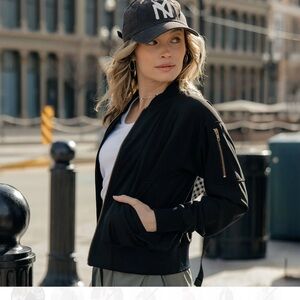 Albion Black Bomber Jacket with Gold Zip details and pockets | L